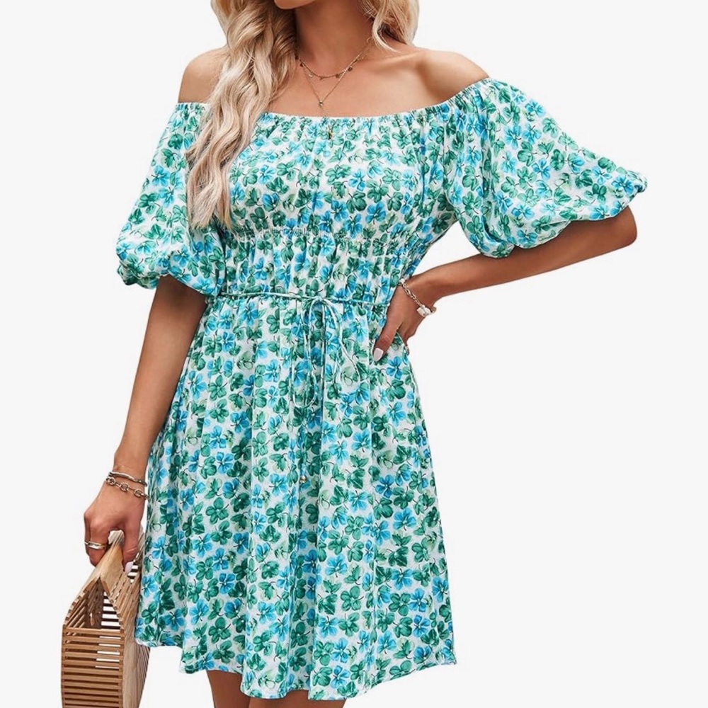 PrettyGarden Floral Off-Shoulder Dress – Blue/Green XL (Worn Once)